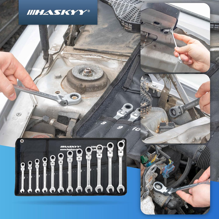 Haskyy 12-Tlg Gelenk-Ratschenschlüssel Satz I Set 8-19 mm I Gabelschlüssel Ratsche