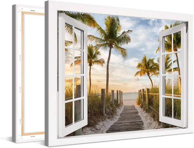 PICANOVA – Bild auf Leinwand Palmenweg zum Meer Fenster 80x60cm – Leinwandbild – Premium Leinwanddru