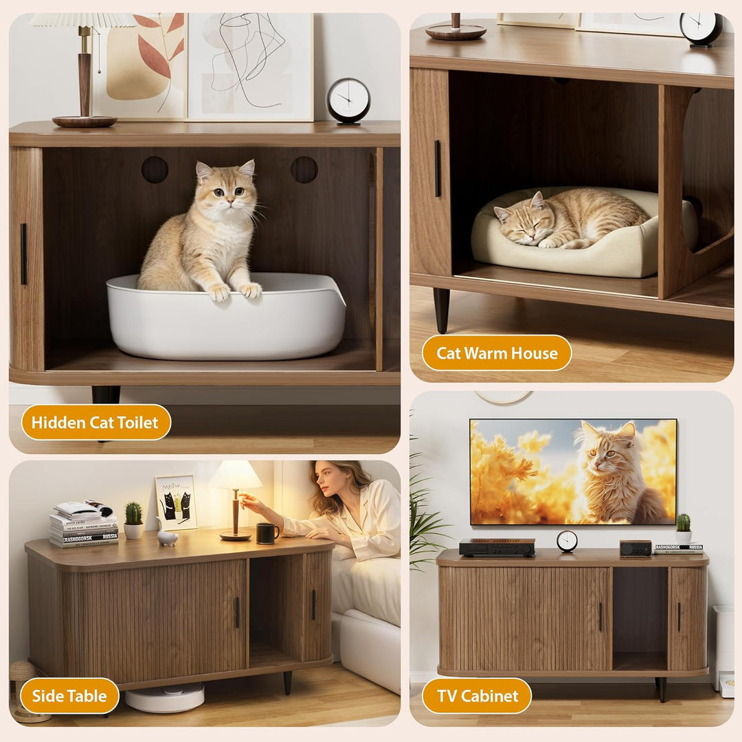 BACEKOLL Katzenklo Schrank mit Rollo-Tür Design, Mid-Century Katzenschrank Holz für grosse Katzen, V
