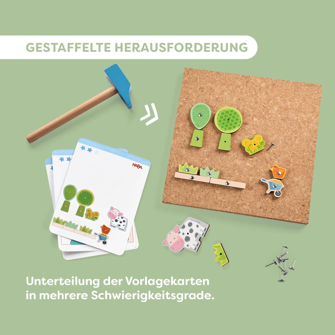 HABA Hammer-Nagelspiel: Bauernhof – Holzspielzeug mit Hammer und Nägel für Kinder ab 3 Jahren – Krea