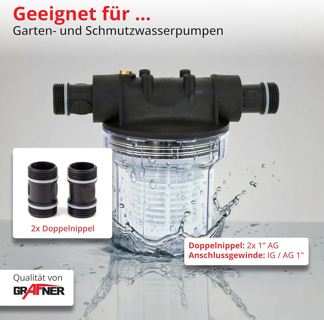 Grafner Vorfilter für Hauswasserwerke und Gartenpumpen, mit Filtereinsatz, platzsparende Ausführung,