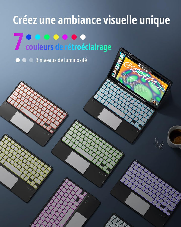 CACOE Drehbare Hülle mit Tastatur für Samsung S10 Lite 2025 mit Touchpad, 7-Farbige Beleuchtung Abne