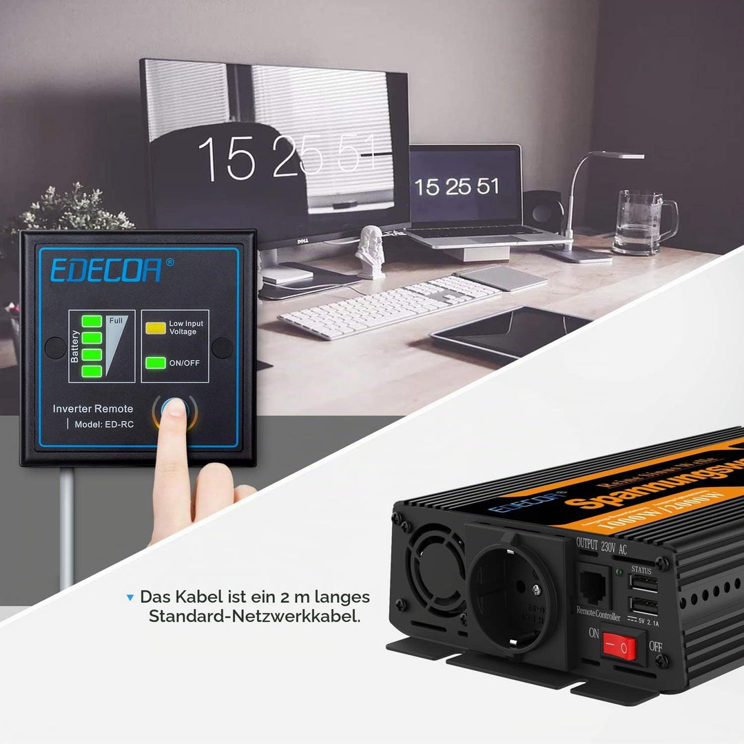 EDECOA Wechselrichter Reiner Sinus 12v 230v Spannungswandler 1000w 2X USB und Fernbedienung Auto wec