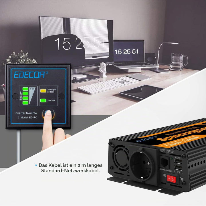 EDECOA Wechselrichter Reiner Sinus 12v 230v Spannungswandler 1000w 2X USB und Fernbedienung Auto wec