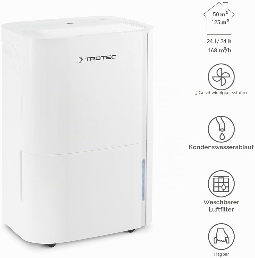 TROTEC Luftentfeuchter elektrisch TTK 66 E – Leistung 24 L/Tag – Fläche 50 m² / 125 m³ – mit Autoabs