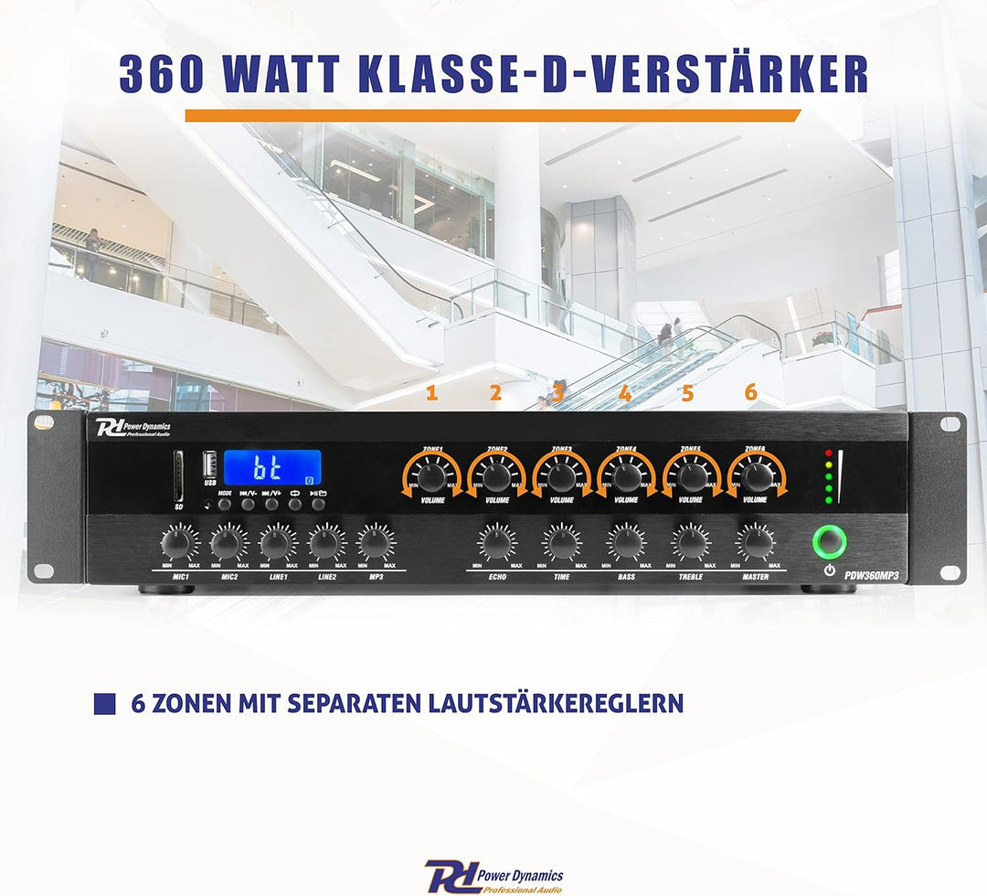Power Dynamics PDW500MP3 - Verstärker, PA Mixer, 6-Zonen-Verstärker, 500 Watt, Bluetooth, MP3, für 1