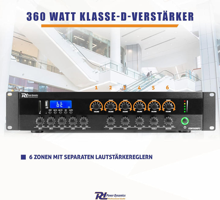 Power Dynamics PDW500MP3 - Verstärker, PA Mixer, 6-Zonen-Verstärker, 500 Watt, Bluetooth, MP3, für 1