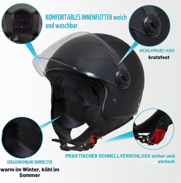 VINZ Como Jethelm mit Visier Herren und Damen | in Gr. XS-XL | Roller Helm Jet Helm Mopedhelm | ECE