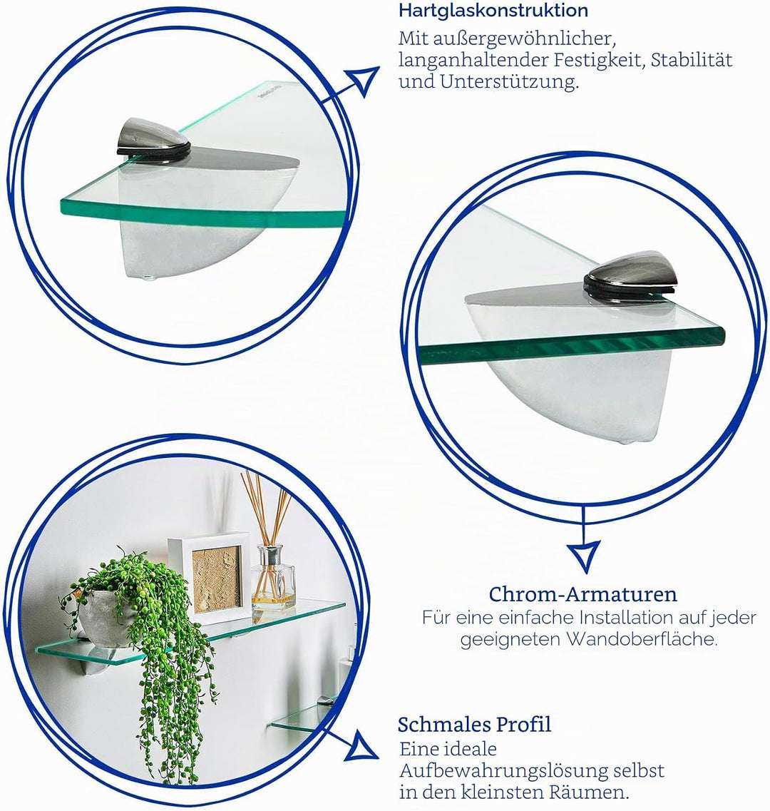 Harbour Housewares 3X Klar 50cm Schwebende Wandregale aus Glas - Badezimmer Dusche Küche Regale Lage