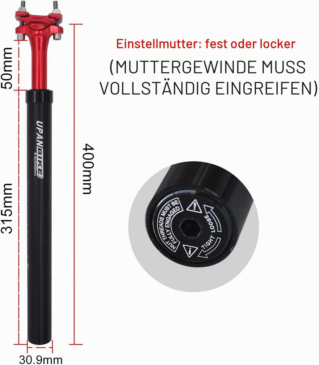 UPANBIKE Fahrrad-Sattelstütze, 400 mm, Länge: φ27,2 mm, 28,6 mm, 30,9 mm, 31,6 mm, Stossdämpfer, Sat