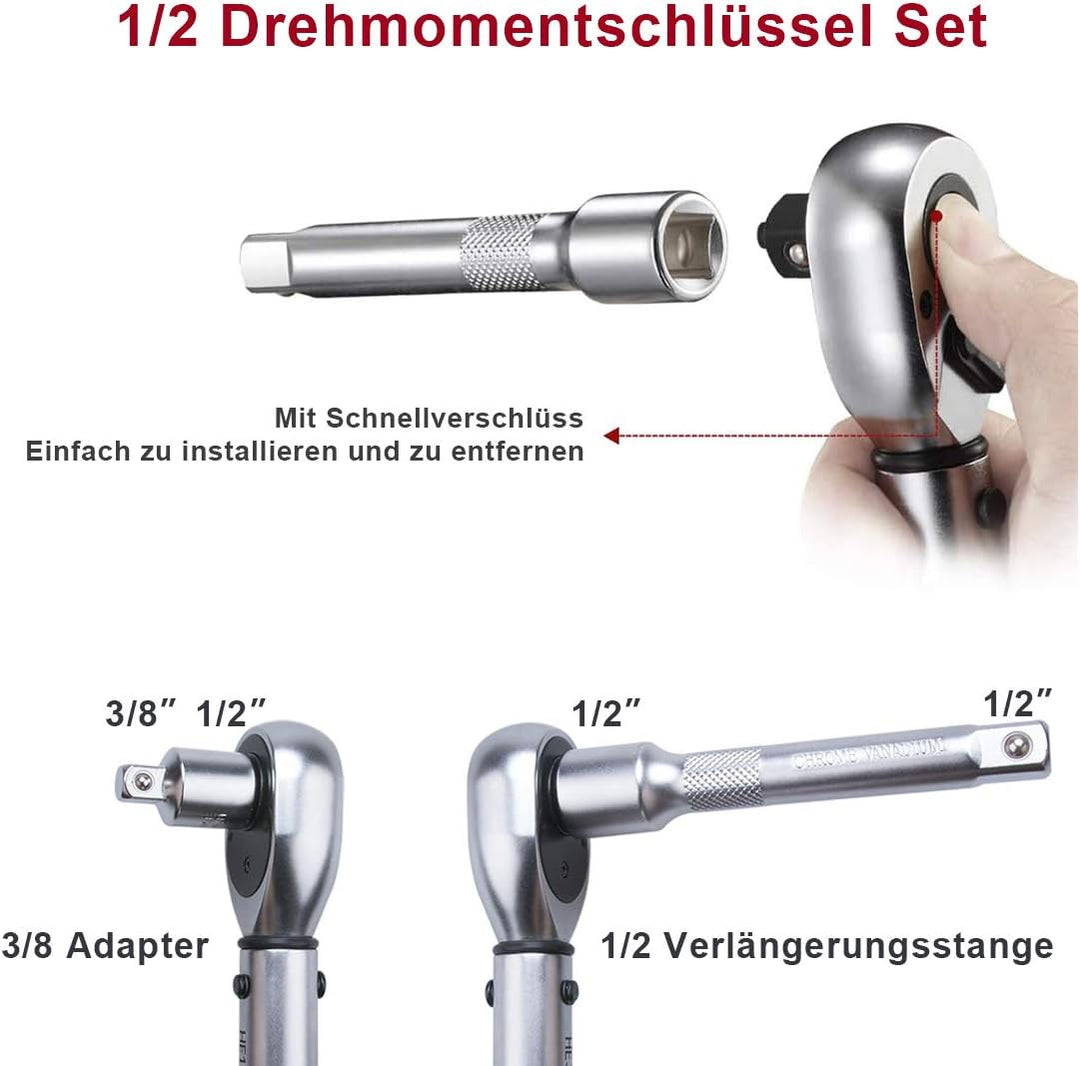 FOURROBBER Drehmomentschlüssel auto, 1/2 Zoll 20-220Nm Set,Verbesserte Version des 90 Zahn Drehmome