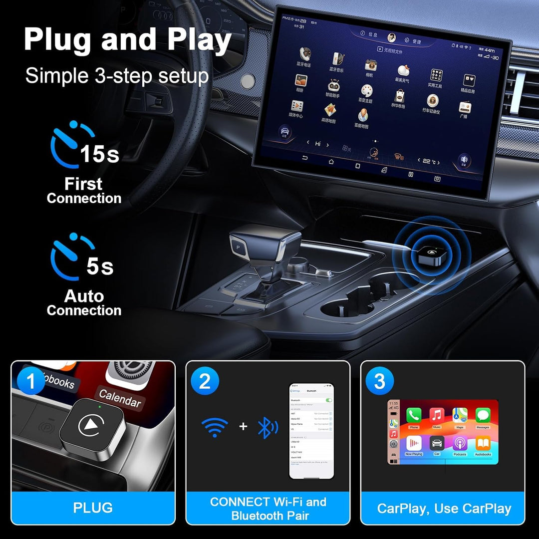 Wireless CarPlay Adapter für iPhone, 2025 Upgraded von Wired CarPlay auf Wire-Less, Plug und Play, 2