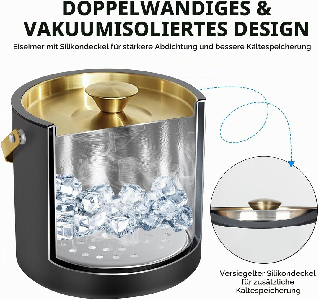 3.2L Moderner isolierter Eiskübel mit Silikondeckel, Schaufel, Sieb, doppelwandiger Eiskübel aus Ede