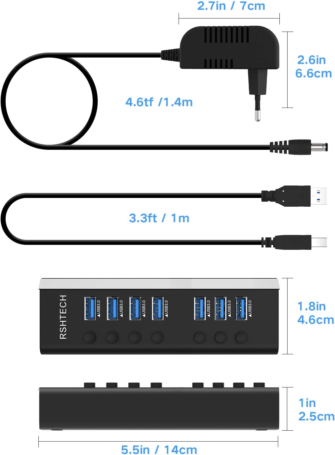 RSHTECH Aluminium 24W USB Hub Aktiv 3.0 mit 12V/2A Netzteil, 7-Port USB 3.0 Hub Multiport USB 3.0 Ve