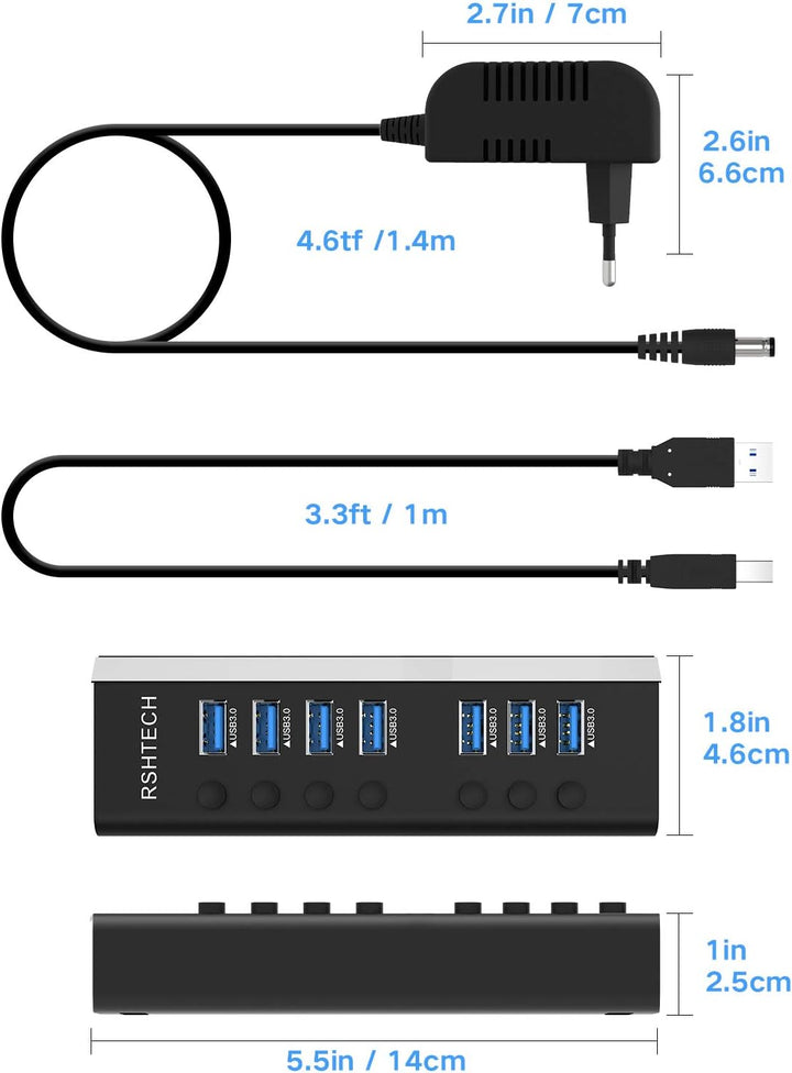 RSHTECH Aluminium 24W USB Hub Aktiv 3.0 mit 12V/2A Netzteil, 7-Port USB 3.0 Hub Multiport USB 3.0 Ve