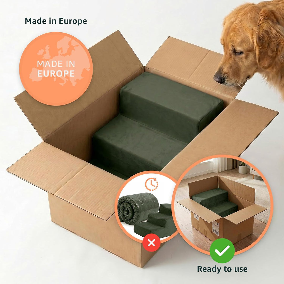 murando Hundetreppe für Kleine Hunde 3 Stufen 30 cm, Samt - Khaki | Haustiertreppe für Bett, Sofa, B