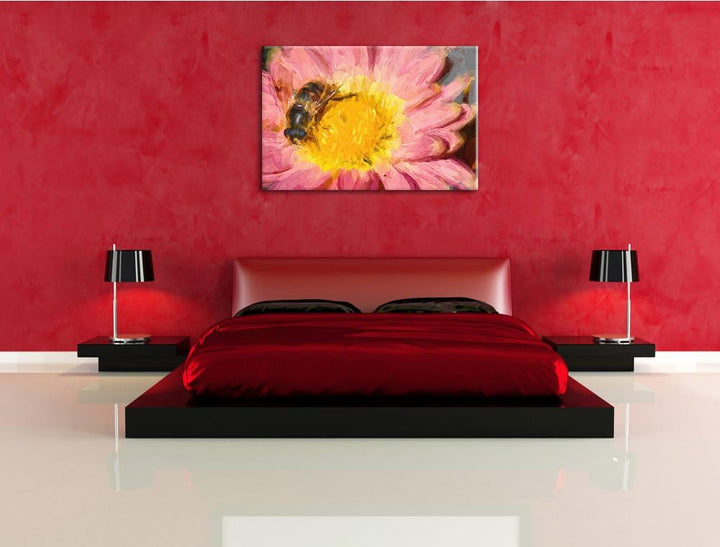 winzige Biene auf Margarete schwarz/weiss Deluxe Format: 100x70 cm auf Leinwand, XXL riesige Bilder