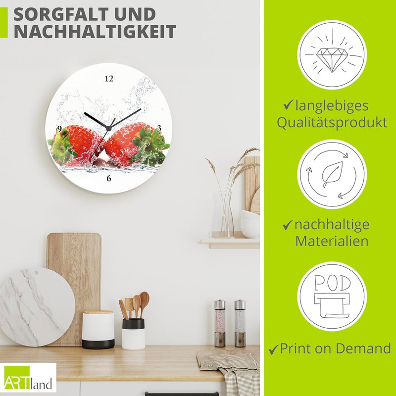 ARTLAND Wanduhr ohne Tickgeräusche Glas Quarzuhr Ø 30 cm Rund Lautlos Obst Früchte Erdbeere im Wasse