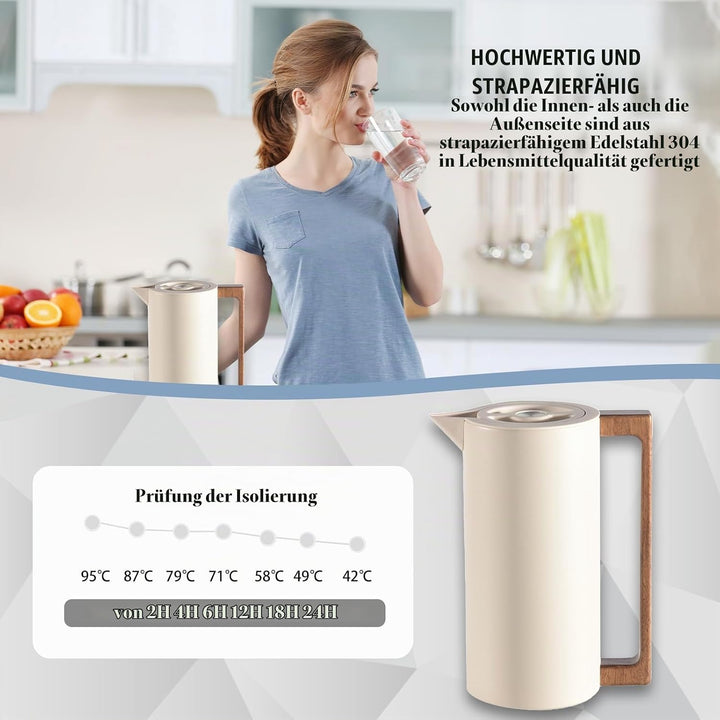 Thermoskanne Kaffeekannen Edelstahl Vakuum Isolations, Mit Holzgriff Und Einfachem Sicherheitsdruckk