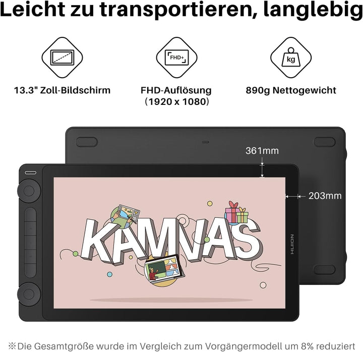 HUION Kamvas 13 (Gen 3) Grafiktablett mit Display, 13,3-Zoll-Zeichenmonitor aus Canvas-Glas, 99% sRG