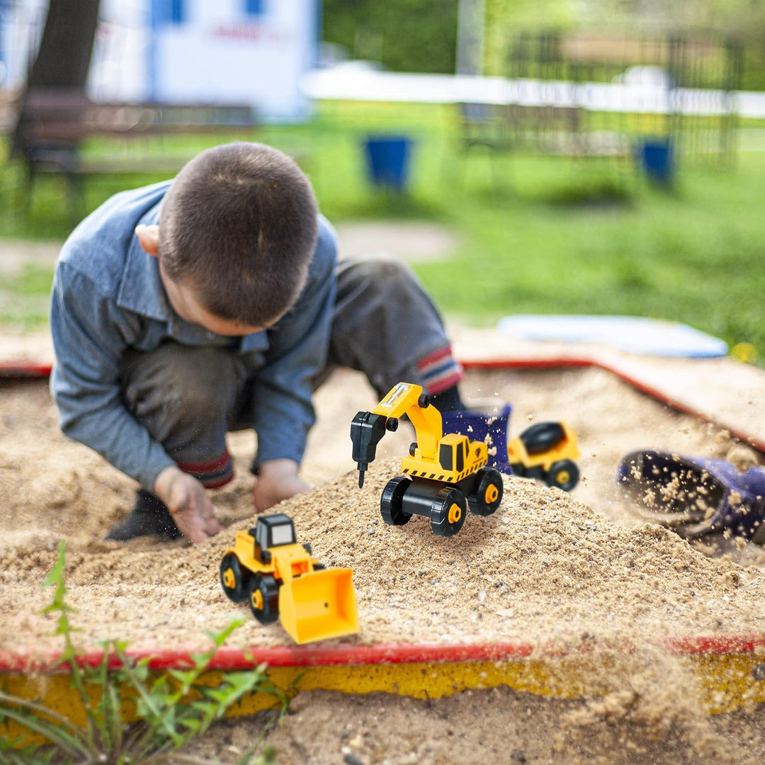 Relaxdays Baustellenfahrzeuge Kinder, 6-TLG. Set, Bagger Spielzeug, DIY, Schraubendreher, Box, ab 3