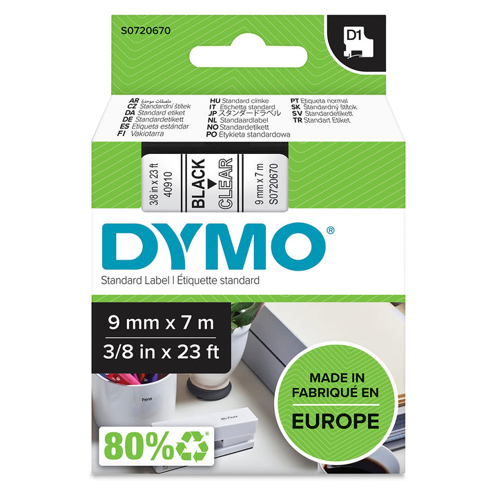 DYMO Original D1-Etikettenband | schwarz auf transparent | 9 mm x 7 m | selbstklebendes Etikettenban