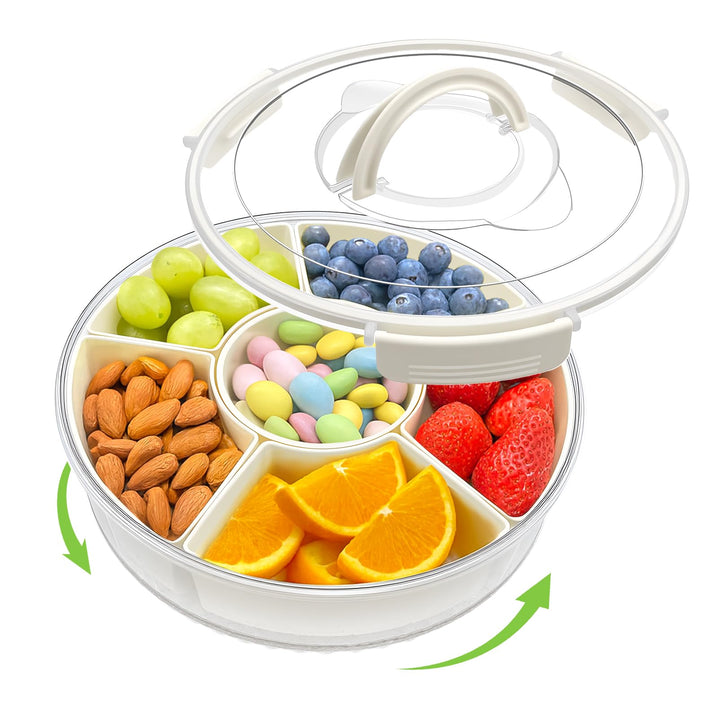 6-Fach Snackbox Rund-Ø30x10cm- 360° Snack Spinner Drehbar mit Deckel & Griff,Snackdose Organizer Gro