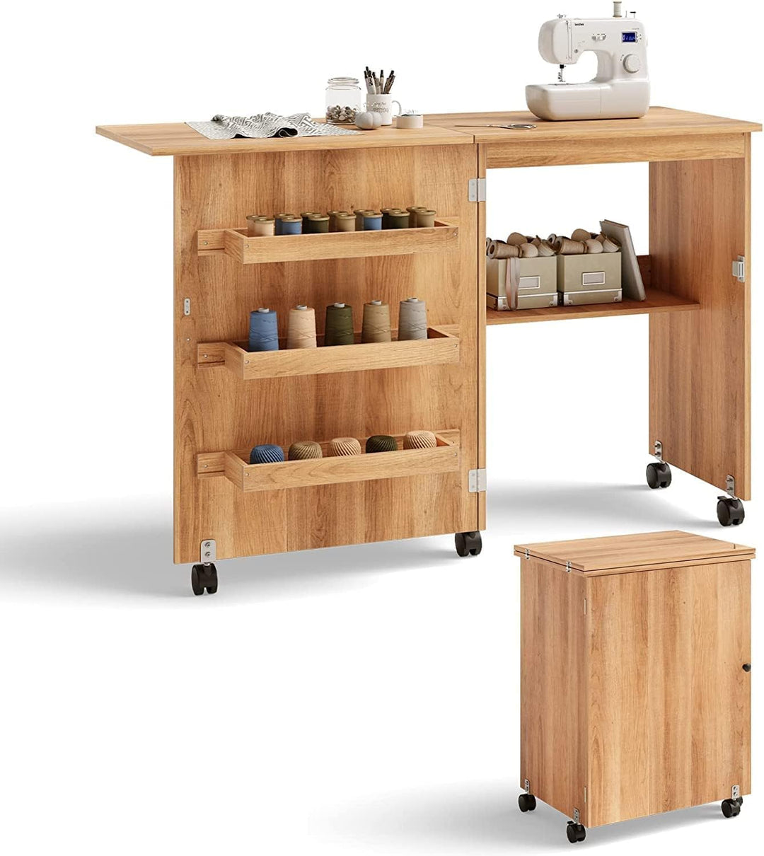 FANTASK Holz Nähschrank & Schreibtisch klappbar, Natur Nähtisch mit 3 Einlegeböden für Spulen, Nähti
