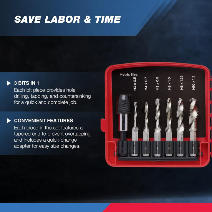 NEIKO 10059A Kombibohrer und Gewindebohrer-Set mit Schnellwechseladapter, 13-teilig, SAE (6-32NC bis