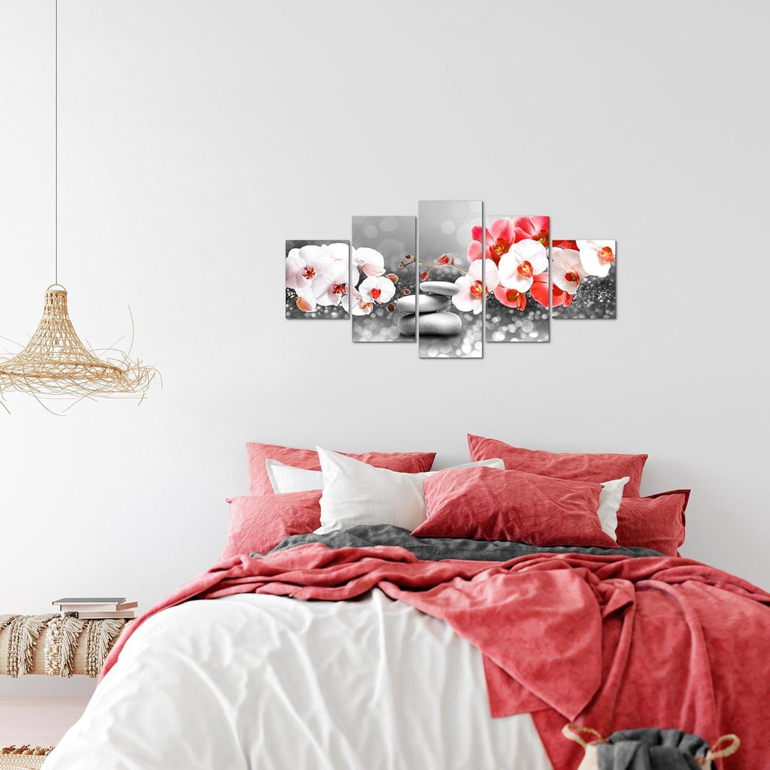 Runa Art Wandbilder Blumen Orchidee 5 Teilig Bild auf Vlies Leinwand Deko Wohnzimmer Zen Rot Grau 03