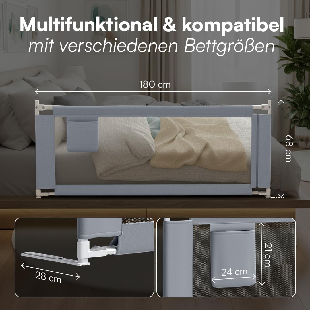Bellabino Drina Rausfallschutz – Bettschutzgitter Boxspringbett – Bettgitter 180 cm Hellgrau – Baby