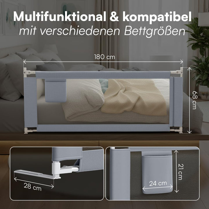 Bellabino Drina Rausfallschutz – Bettschutzgitter Boxspringbett – Bettgitter 180 cm Hellgrau – Baby