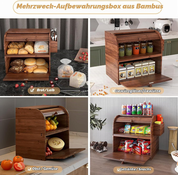 TQVAI Brotkasten Holz, Bambus Brotbehälter mit 2 Etagen Brotaufbewahrung, Bread Box mit Rolldeckel m
