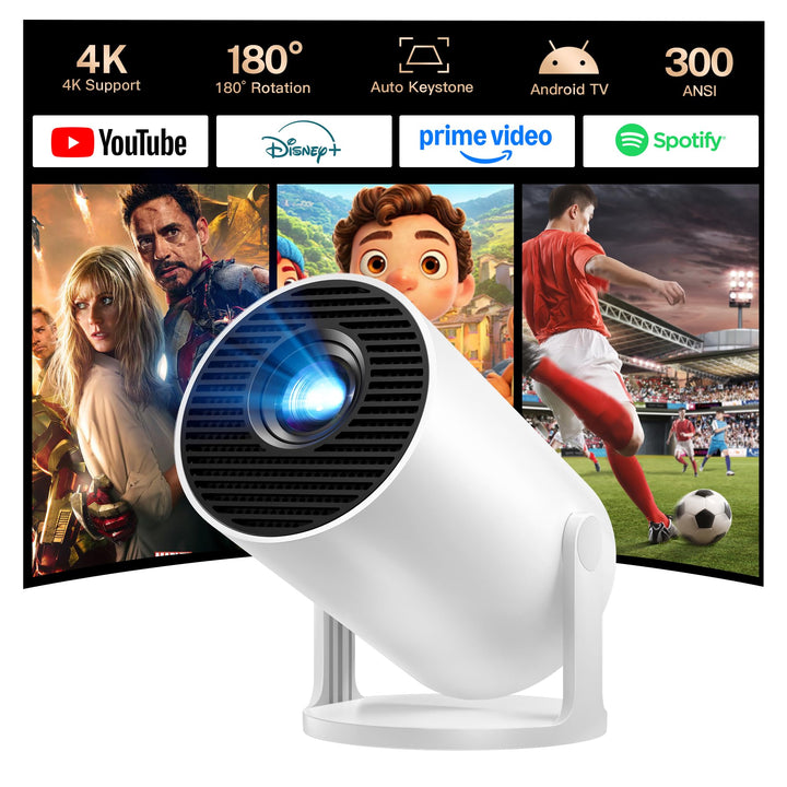 Mini Beamer mit Android TV mit Bluetooth & WiFi 6, Auto Keystone Portable Projektor, 180° Rotation,