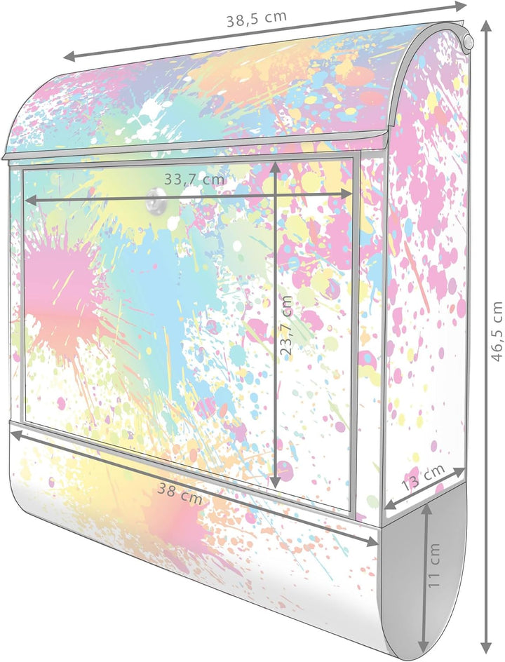 banjado® Design Briefkasten mit Motiv Farbspritzer 39x47x14cm &amp; 2 Schlüssel - Briefkasten Stahl schw