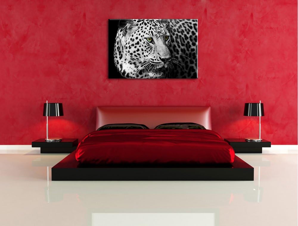 Dark Leopard mit grünen Augen schwarz/weiss Format: 100x70 auf Leinwand, XXL riesige Bilder fertig g