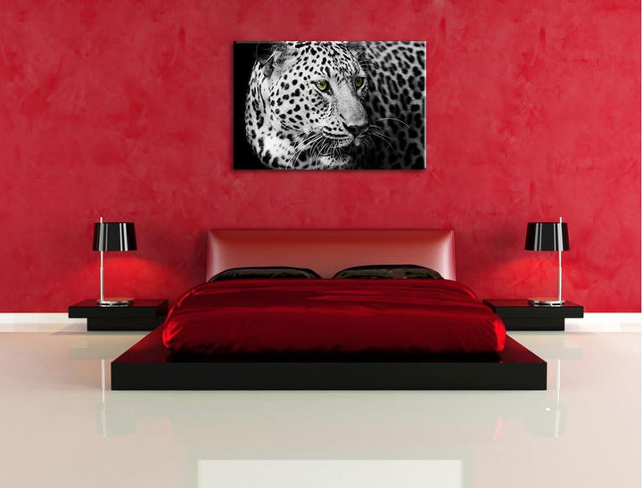 Dark Leopard mit grünen Augen schwarz/weiss Format: 100x70 auf Leinwand, XXL riesige Bilder fertig g