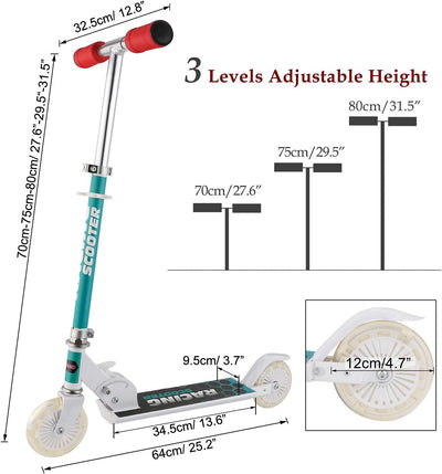 WeSkate Roller Kinder 2 Räder Klappbar Scooter, 3 Höhenverstellbare Kinderroller, PU Led-räder Kinde