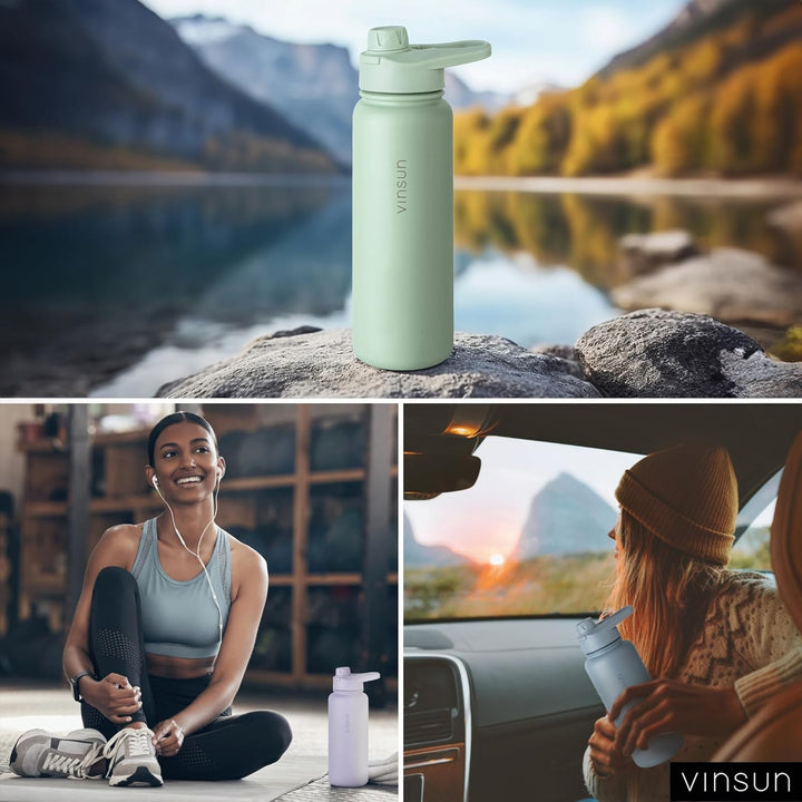 Vinsun Trinkflasche Edelstahl grün 750ml - auslaufsicher, Kohlensäure geeignet, BPA frei - Strohhalm