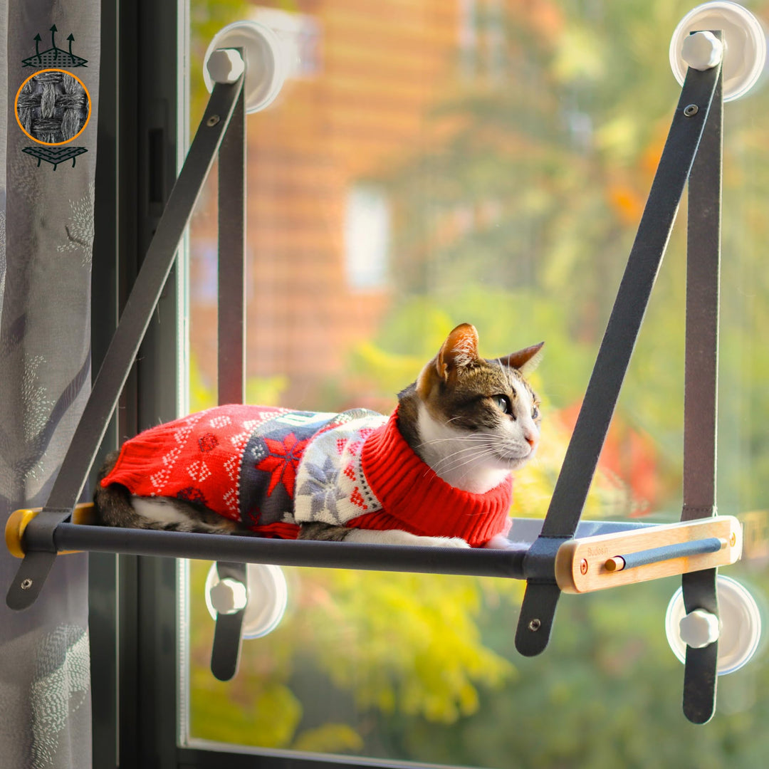 Katzenhängematte/Fensterliege für Katzen aus massivem Bambus–Katzenliege Fenster mit atmungsaktivem