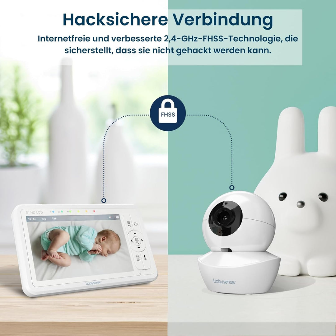 Babysense Baby Monitor mit 5" HD Split-Screen, Babyphone mit 2 HD-Kameras, Fernbedienung PTZ, Nachtl