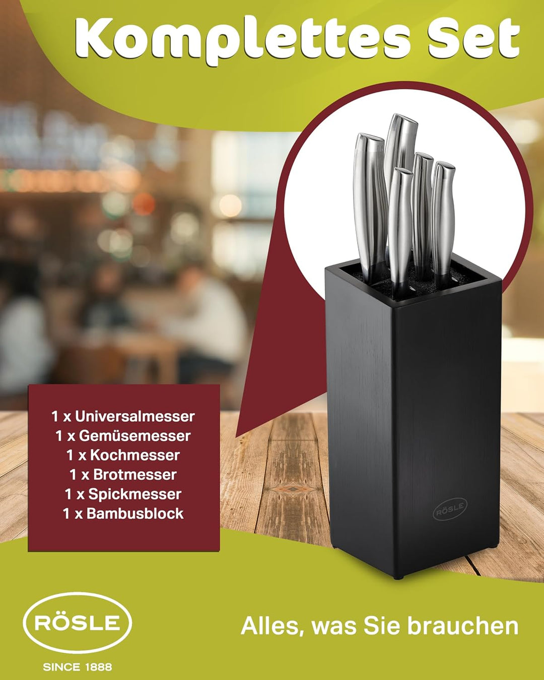 RÖSLE Bürsten-Messerblock Basic Line bestückt 6-tlg., Hochwertiger Messerblock aus Bambusholz mit 5