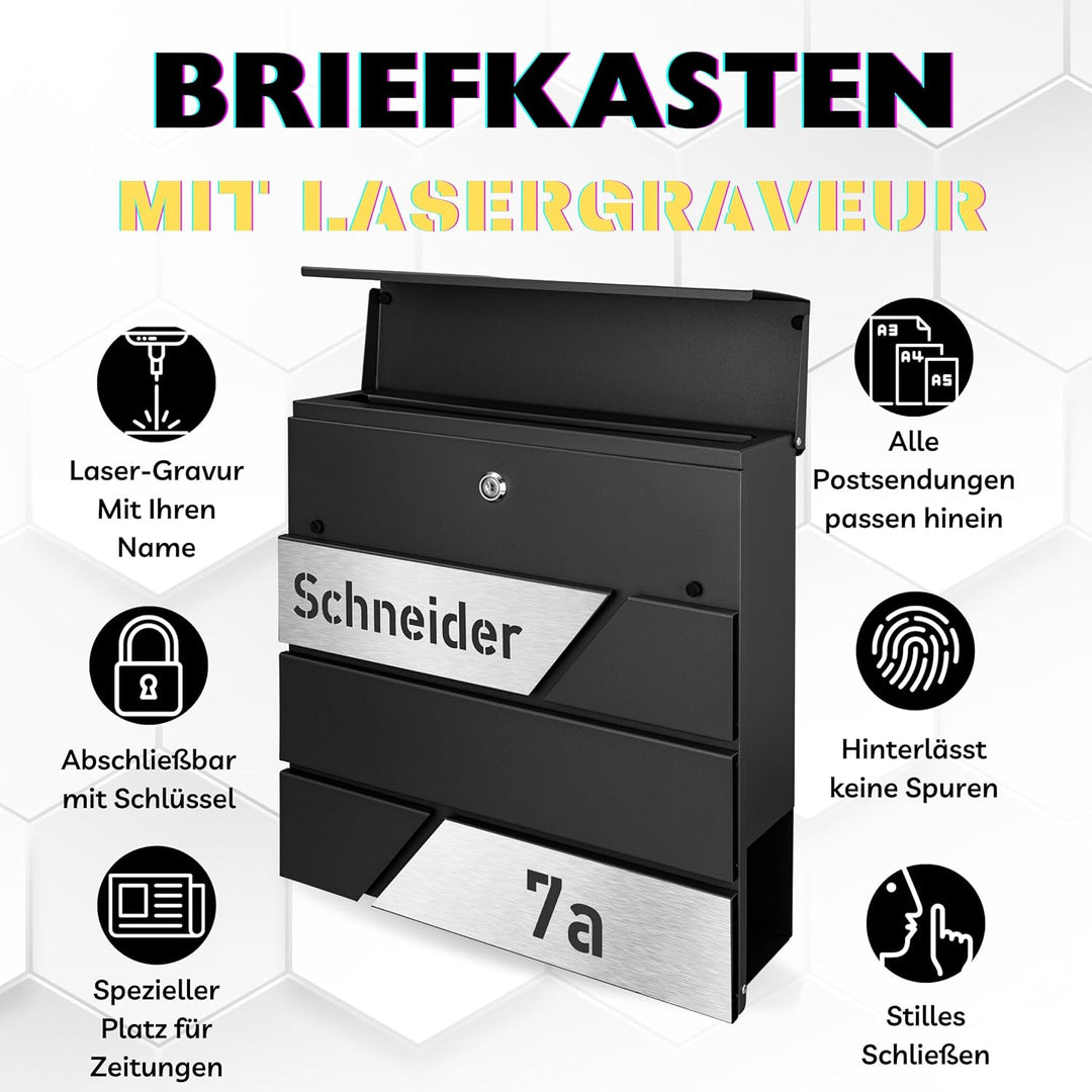 Briefkasten mit Zeitungsfach in Anthrazit, Edelstahlbriefkasten, Wandbriefkasten Briefkasten mit Sch