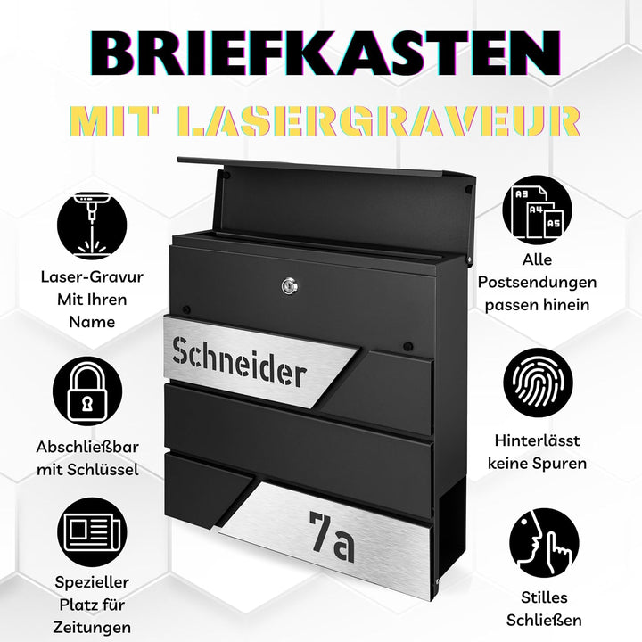Briefkasten mit Zeitungsfach in Anthrazit, Edelstahlbriefkasten, Wandbriefkasten Briefkasten mit Sch