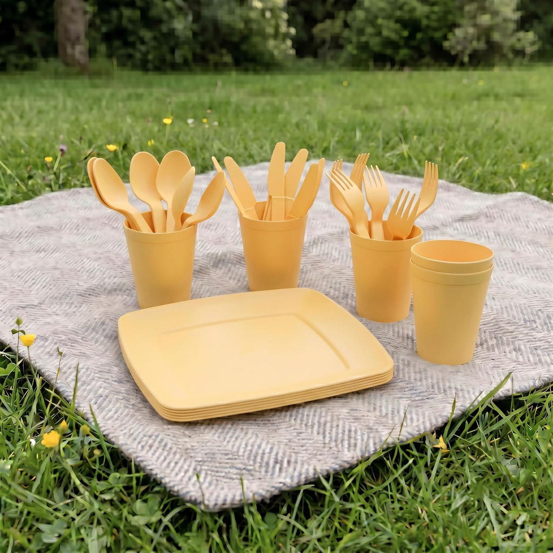 Campinggeschirr im Behälter, 32-teilig, für Picknick und Reisen Gelb, Gelb