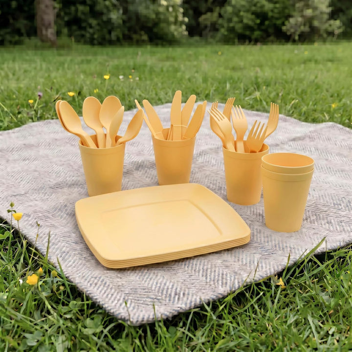 Campinggeschirr im Behälter, 32-teilig, für Picknick und Reisen Gelb, Gelb