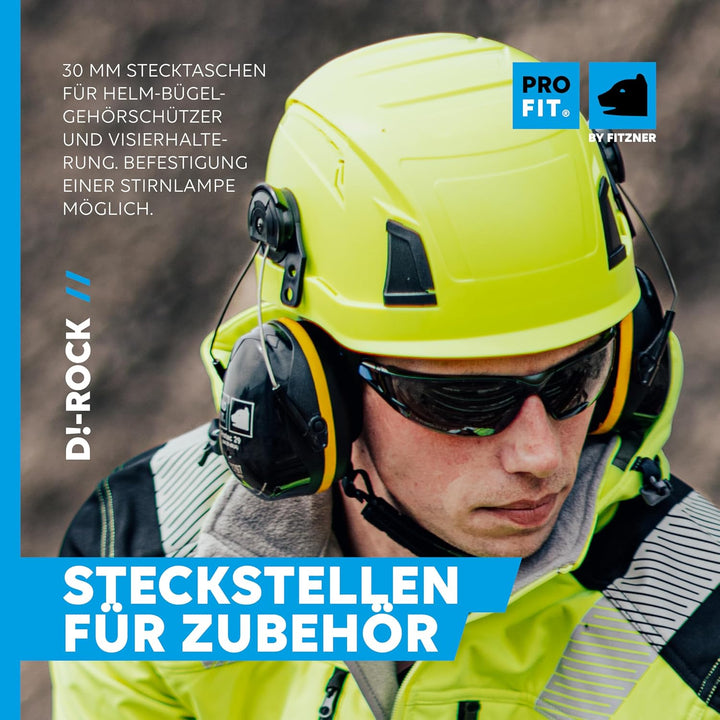 PRO FIT Arbeitsschutzhelm D!-Rock - Belüfteter Bauhelm mit Drehrad - 53-56 cm Kopfband - 30 mm Steck