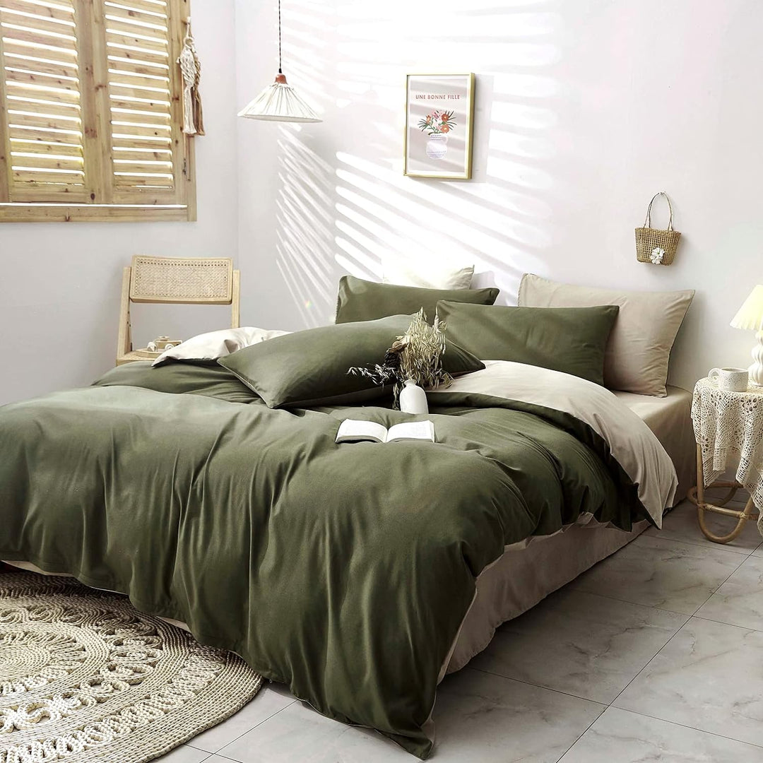 Damier Bettwäsche Grün 220×240cm Olivgrün Beige Unifarben Bettbezug Set 3 Teilig Superweiches Microf