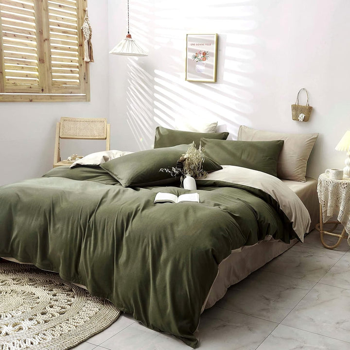 Damier Bettwäsche Grün 220×240cm Olivgrün Beige Unifarben Bettbezug Set 3 Teilig Superweiches Microf
