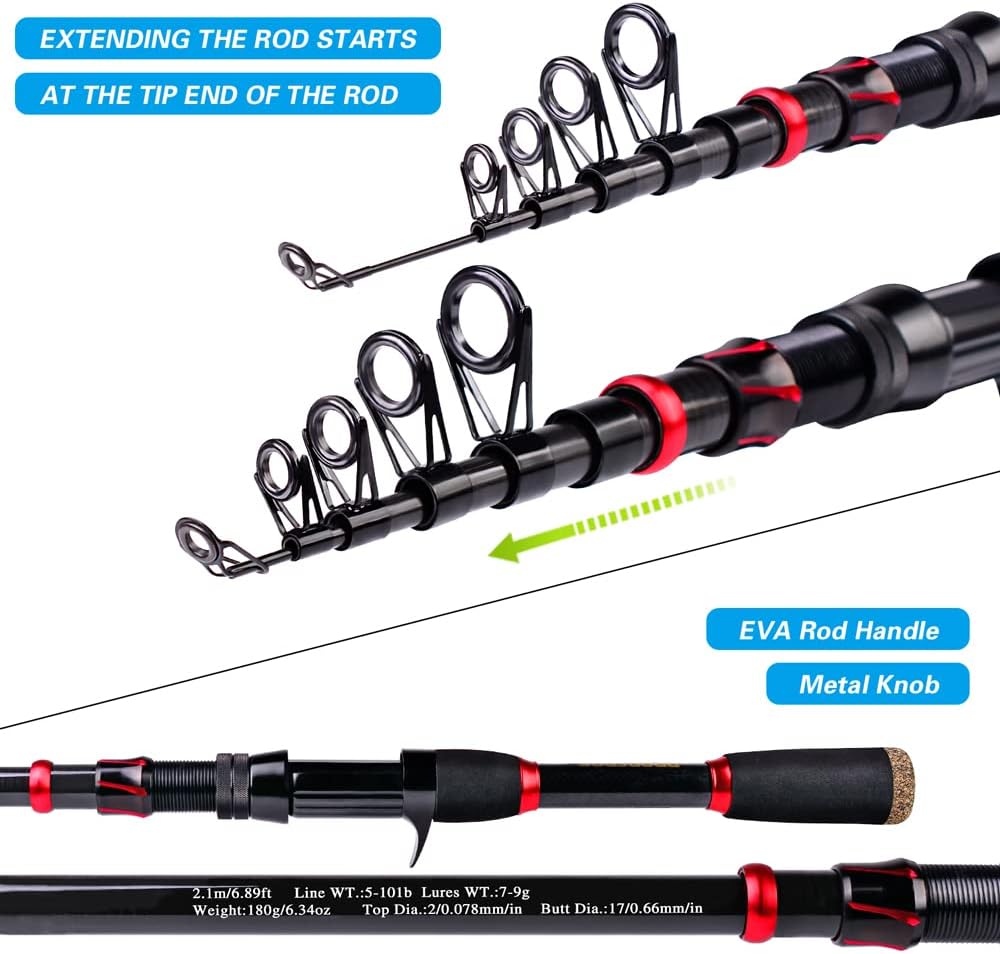 Angelrute und Rolle Combo, 2,1 m Kohlefaser Teleskop Angelrute mit Spinning/Baitcasting Reel Combos,